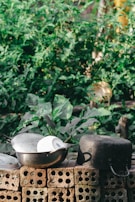 Natural outdoor setting with traditional gaucho knife and utensils resting beside the cooking area.