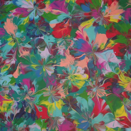 A vibrant, abstract painting filled with swirling, floral-like patterns in a kaleidoscope of colors. The composition features a mix of bold and soft hues, creating a dynamic visual effect.