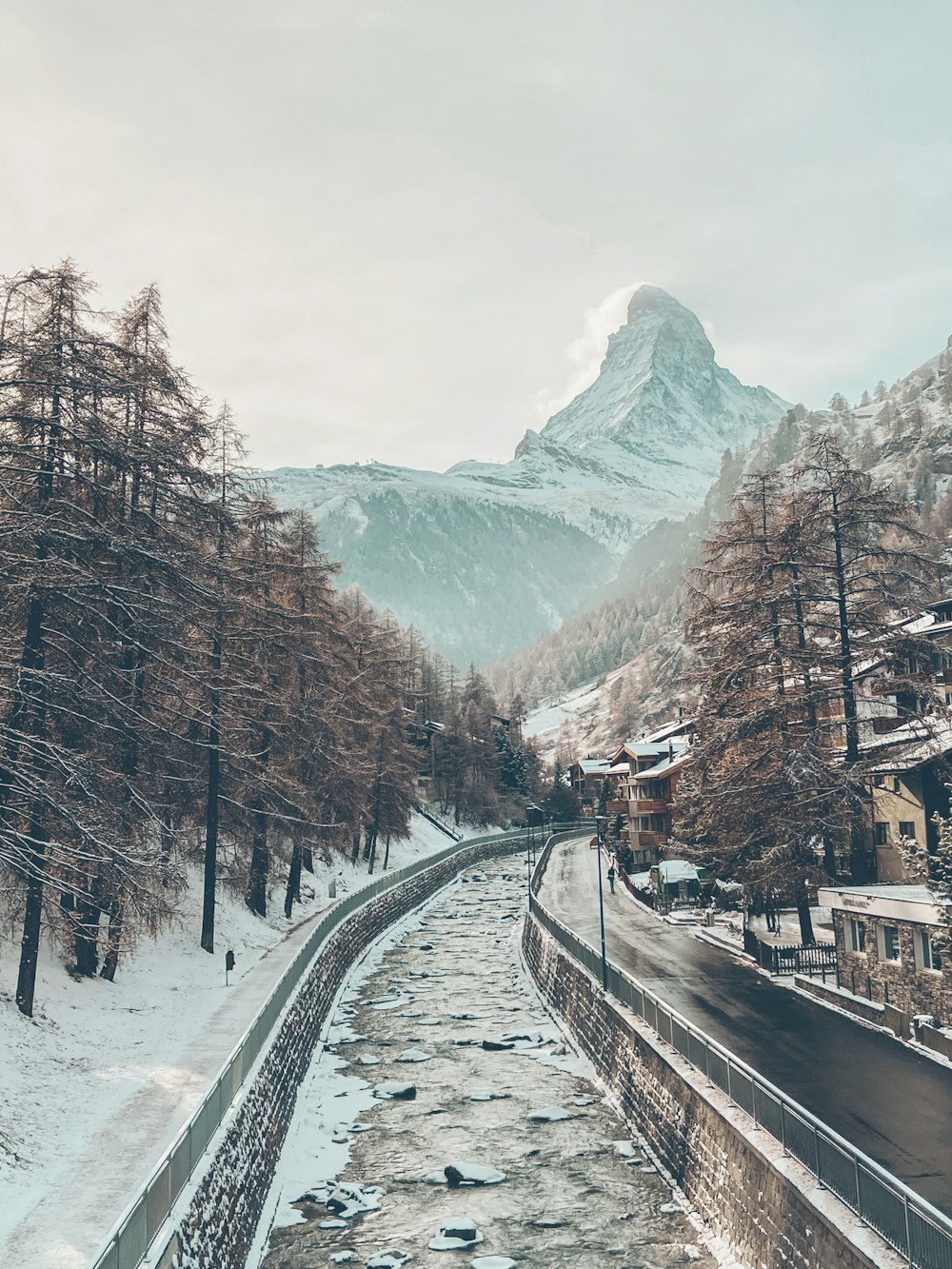 black train rail near trees and snow covered mountain during daytime