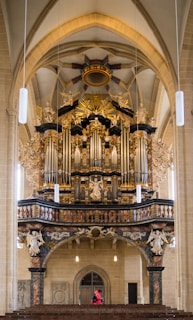 An ornate pipe organ is mounted against the wall of a large cathedral interior, featuring intricate carvings, golden accents, and towering pipes. Below the organ, a single figure in a red coat walks along wooden pews. The architectural design includes grand arches and detailed sculptures.