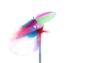 A vibrant, colorful pinwheel in motion against a stark white background, creating a sense of energy and playfulness. The bright colors blend seamlessly due to the motion blur, resulting in a dynamic and abstract visual.