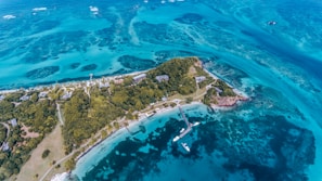 An aerial view of a tropical island, surrounded by clear turquoise waters. The island is lush with greenery and features a few buildings scattered throughout. There are several boats docked at a small pier extending into the water.