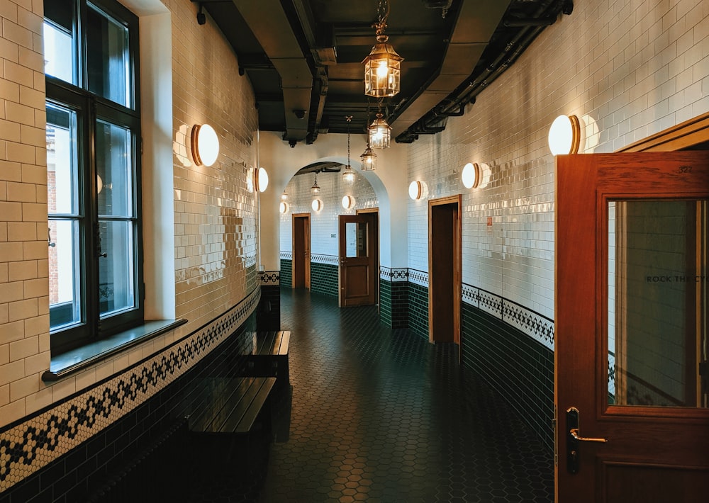 brown wooden bench in hallway