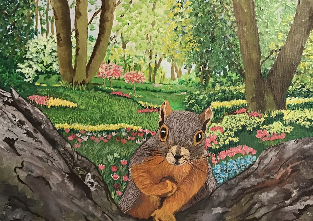 brown squirrel on tree branch painting
