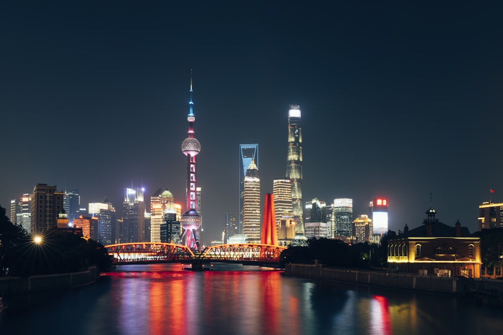 city skyline during night time