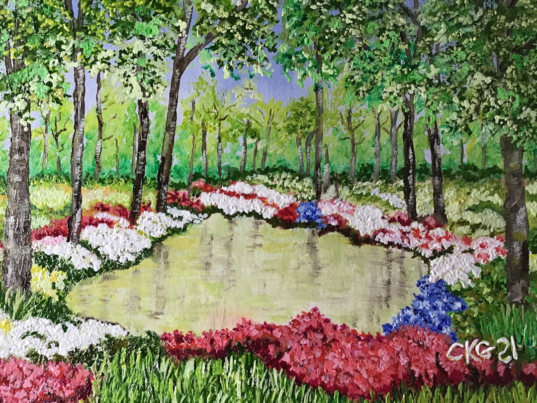 red blue and white flowers on green grass field, Ribbon Pond - 2021 - Oil Painting on A4 MDF Board - Inspired by Equal R