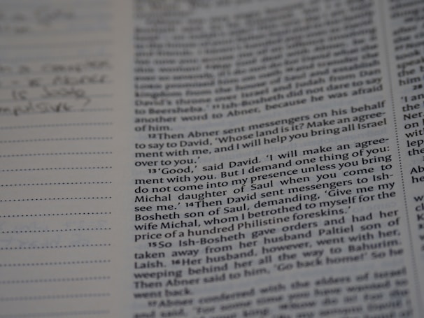 A close-up of a Bible page showing text in two columns. The words are clear and readable, including specific references to biblical names and events. There are some lined notes on the left side, indicating personal annotations or additional commentary.