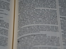 A close-up image of an open book displaying paragraphs of text in a serif font. The text appears to be from a narrative, focusing on a biblical or historical story. The pages are slightly curved, suggesting the book is being held open or resting.