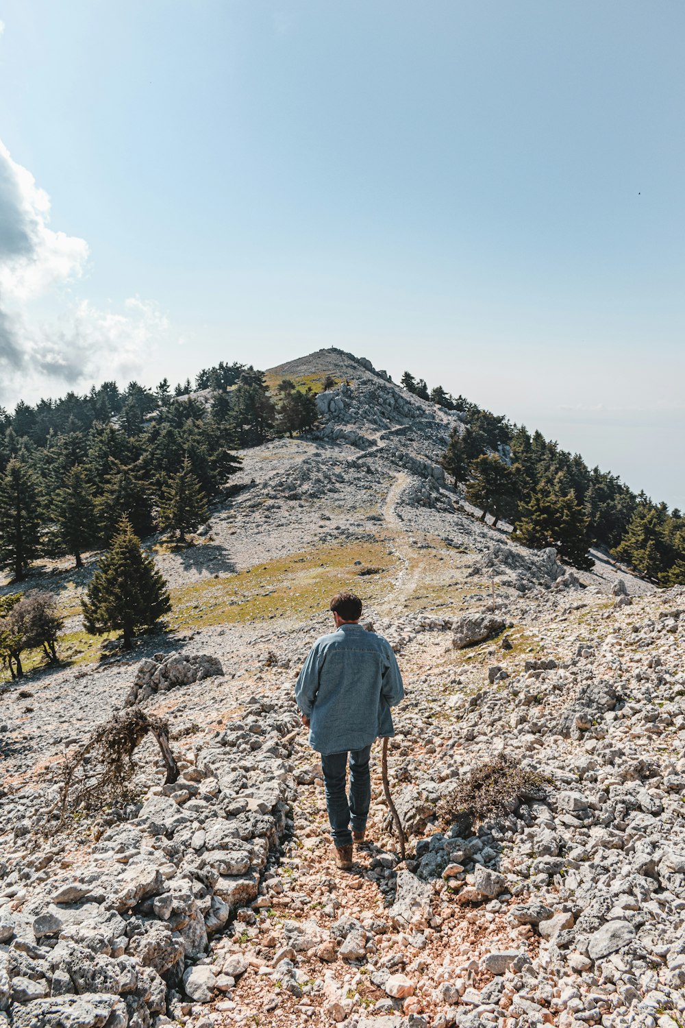 man in gray hoodie standing on rocky hill during daytime