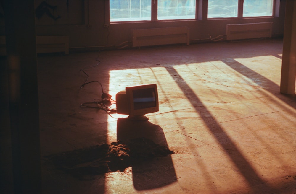 black and white speaker on brown floor