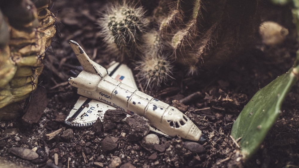 white and black airplane toy on brown soil