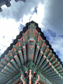Close-up of an intricately designed roof featuring swirling color patterns