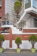 A residential building facade featuring a staircase with a metal railing, adorned with potted plants. The stairs lead to a landing area with additional potted plants and a blue plastic chair. The exterior walls are a combination of red brick and light gray material. Several green potted shrubs are lined up along the street in light green planters.