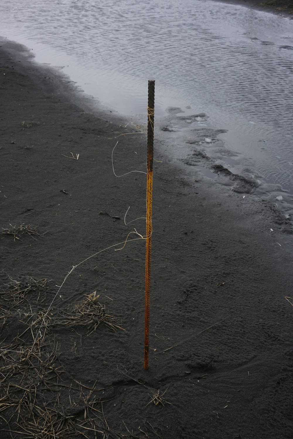 palo de madera marrón sobre arena gris
