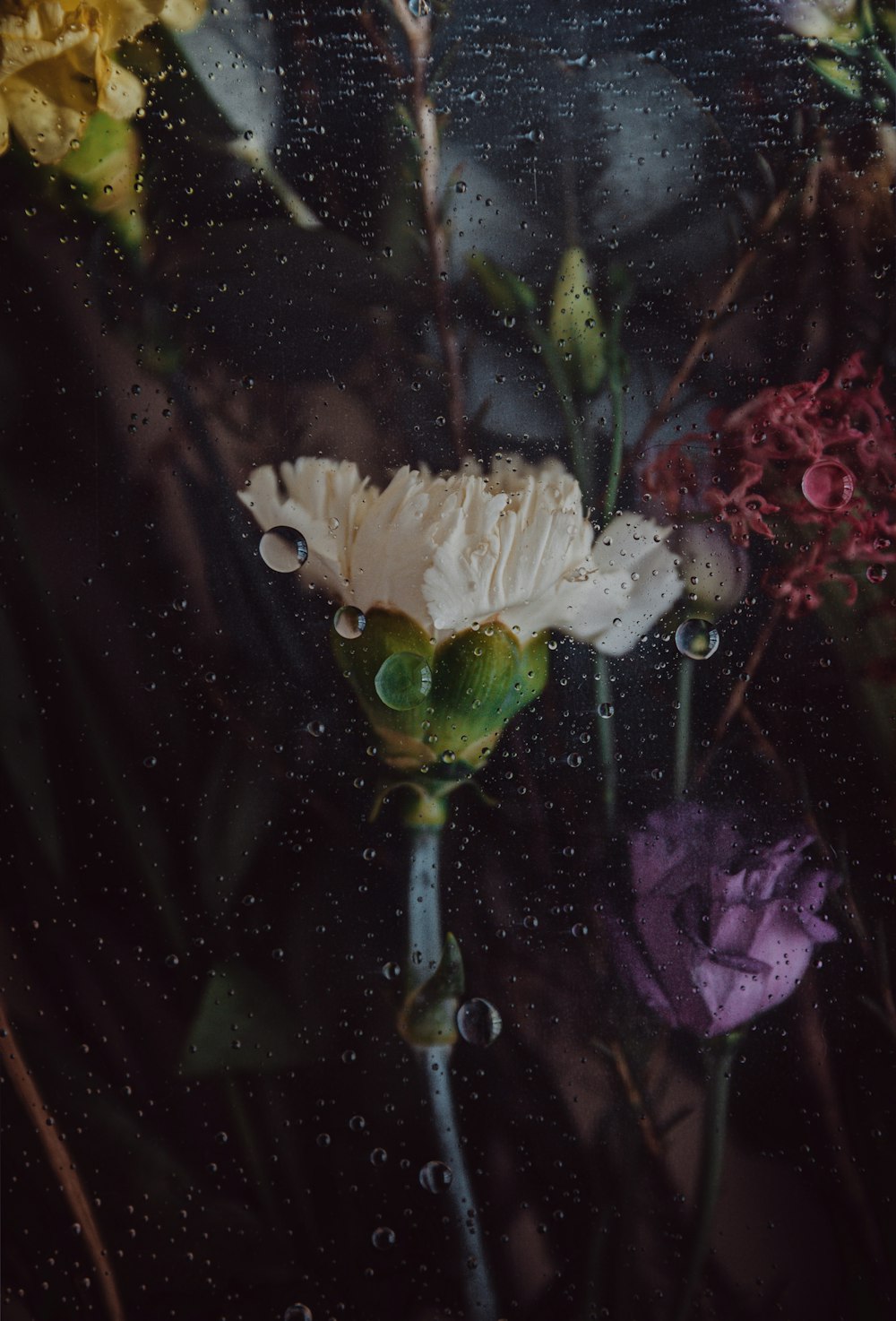 透明なガラスの花瓶に白と紫の花