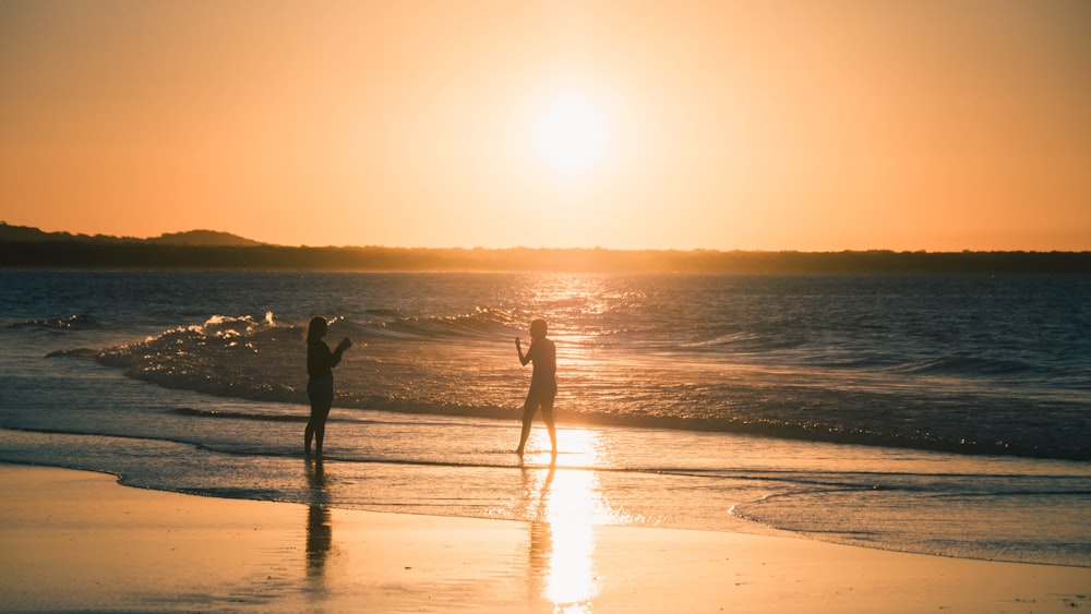 silhouette of 2 people walking on beach during sunset