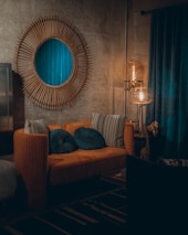 red and blue sofa chair