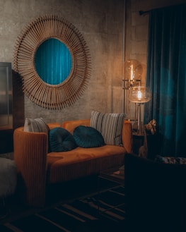 red and blue sofa chair