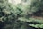 A serene forest scene featuring a calm body of water bordered by lush, dense greenery. Tropical trees and plants surround the area, with large green leaves floating on the surface of the water. The atmosphere is tranquil and untouched, providing a sense of peaceful solitude.