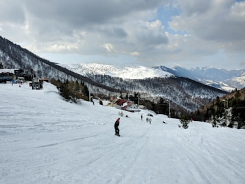 A snowy mountain landscape with ski slopes and scattered skiers. Snow-covered trees line the slopes, and a small cluster of buildings can be seen in the mid-ground. In the distance, snow-capped mountains stretch under a partly cloudy sky.