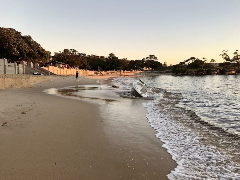 white and black boat on beach during daytime