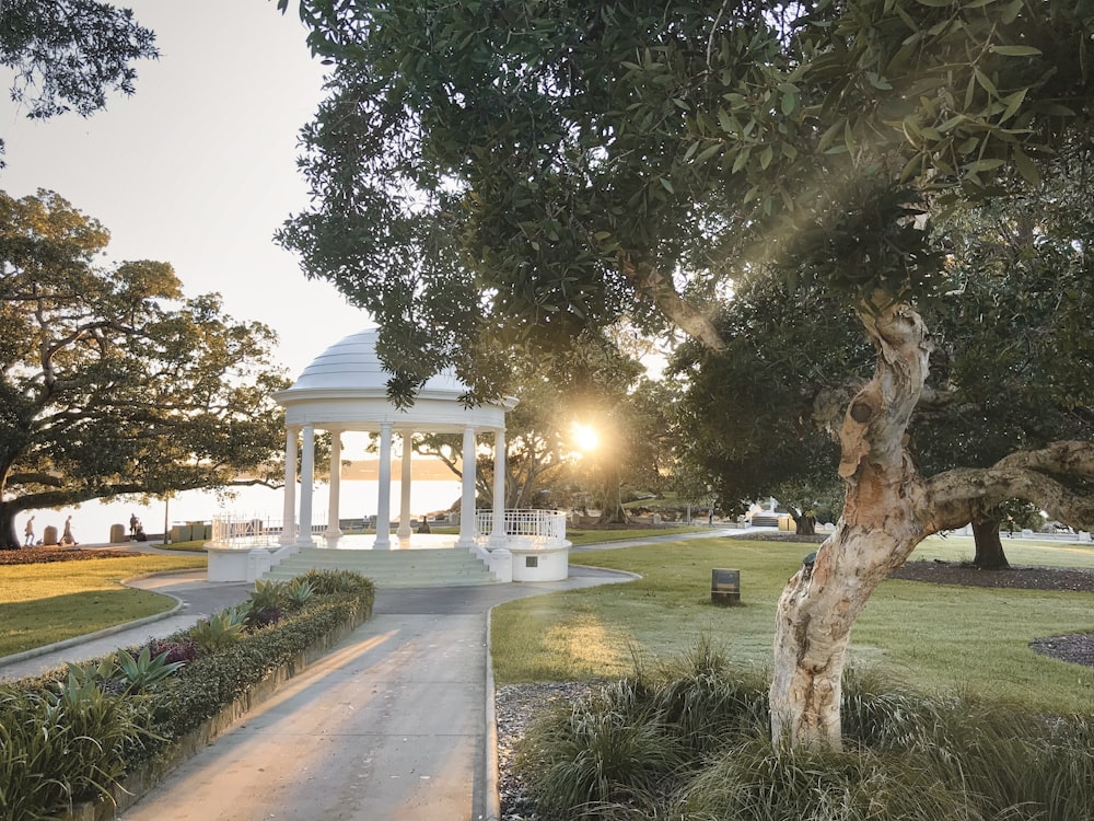 white gazebo surrounded by green trees during daytime