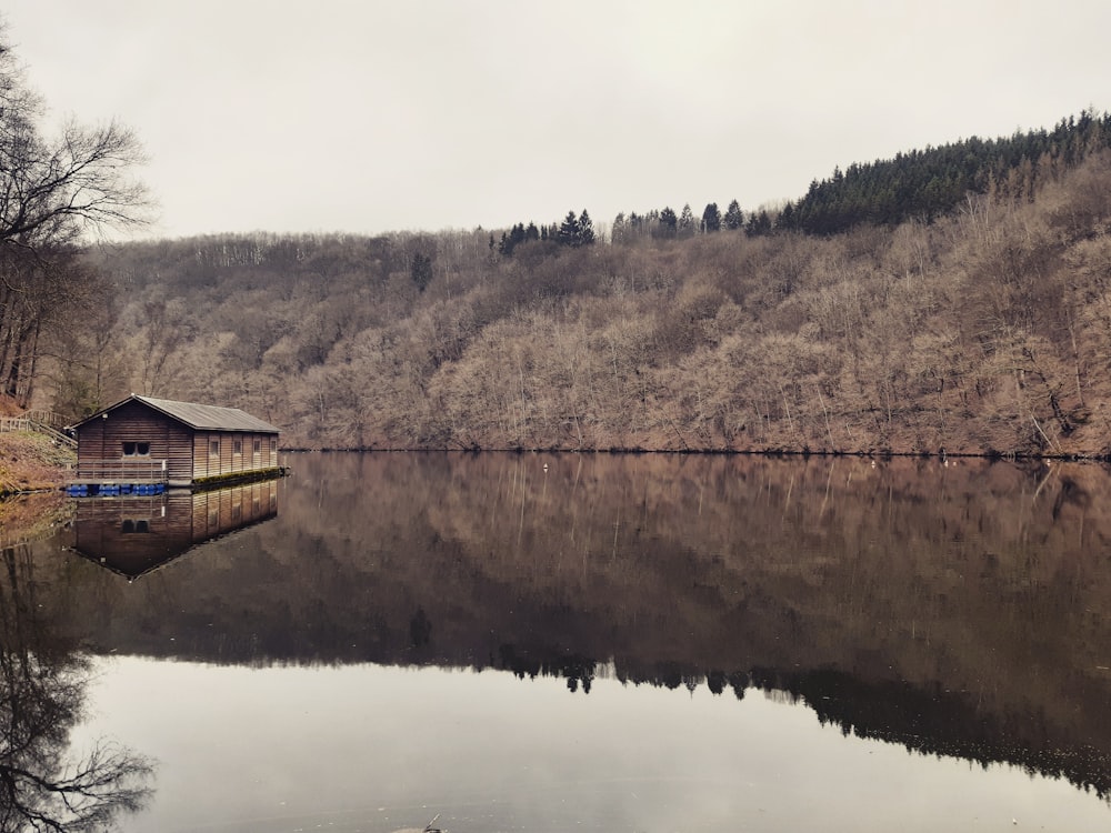 brown wooden house on lake near green trees during daytime