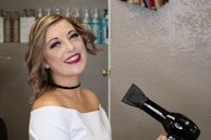 A smiling client with freshly styled hair looking in the mirror.