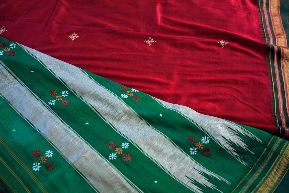 red green and white textile