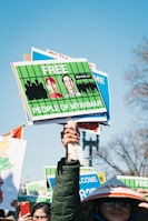 A protestor holds several signs demanding freedom for the people of Myanmar. The signs are bright green with illustrations and messages. Other individuals are partially visible, one wearing a traditional hat.