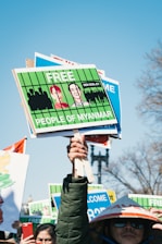 A protestor holds several signs demanding freedom for the people of Myanmar. The signs are bright green with illustrations and messages. Other individuals are partially visible, one wearing a traditional hat.