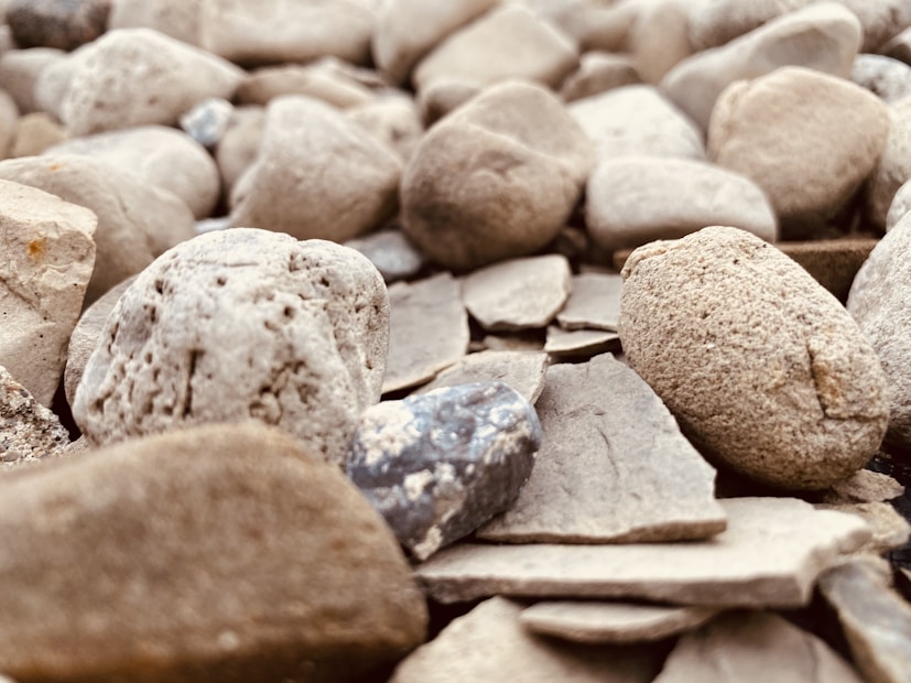 A close-up view of variously shaped and textured stones, primarily in shades of gray and beige. The stones are scattered over a surface, with some displaying rough, pitted surfaces while others are smoother.