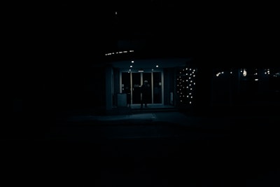 Security guard attentively monitoring a building entrance at dusk.