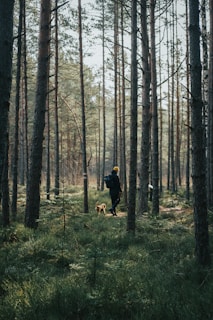 man in black jacket and brown dog walking on forest during daytime