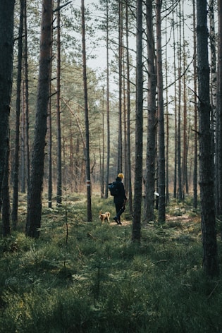 man in black jacket and brown dog walking on forest during daytime