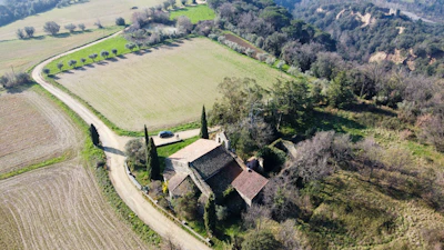An aerial view of a rustic farmhouse surrounded by fields and rows of trees. The landscape includes a winding dirt road leading to the farmhouse, which is characterized by its terracotta roof and stone walls. In the background, dense forested hills provide a natural border.