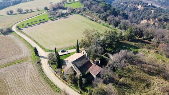 An aerial view of a rustic farmhouse surrounded by fields and rows of trees. The landscape includes a winding dirt road leading to the farmhouse, which is characterized by its terracotta roof and stone walls. In the background, dense forested hills provide a natural border.