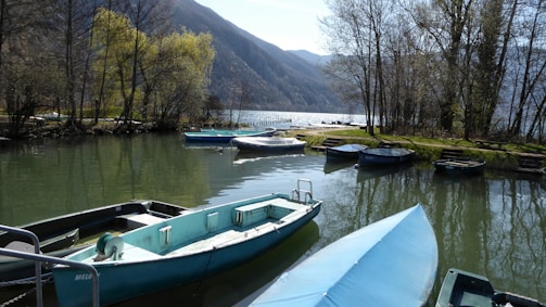 A calm morning on a Georgia lake with fishing boats ready.