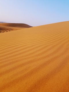 A serene desert landscape with golden sand dunes under a clear blue sky.