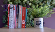 A collection of wellness and finance books stacked neatly on a wooden table with a small plant.