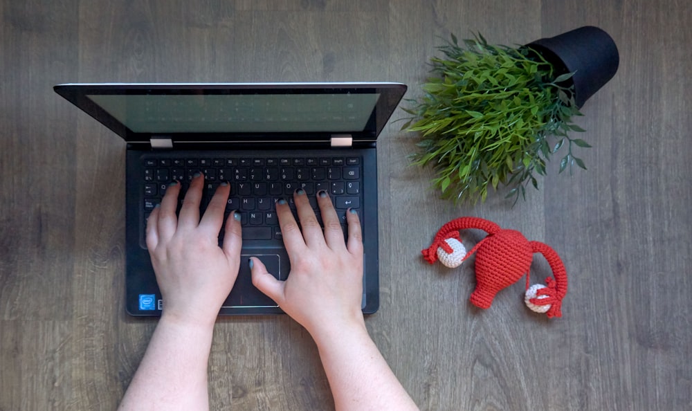 person using black laptop computer