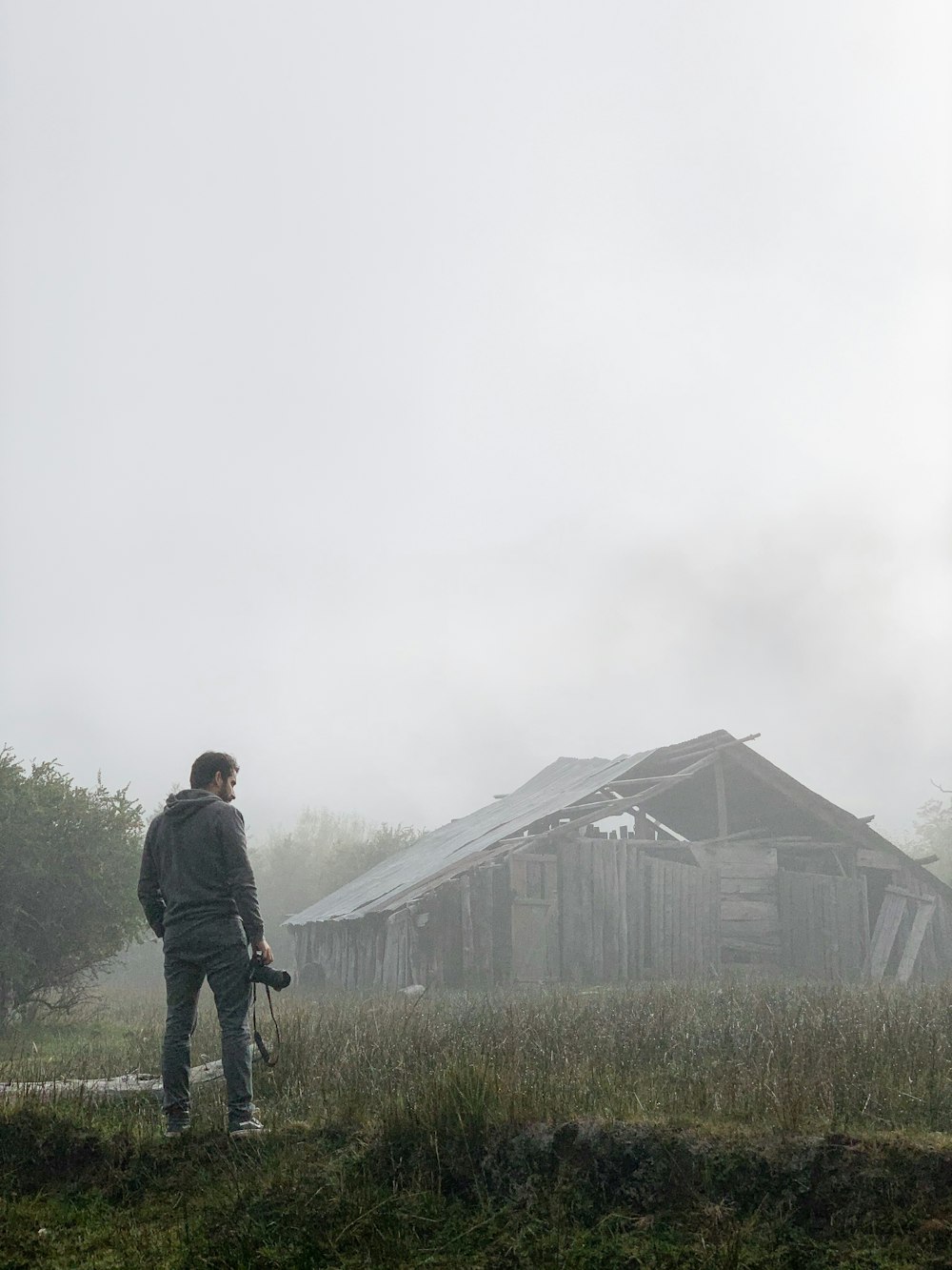 Hombre con chaqueta negra caminando en el campo de hierba verde durante el tiempo de niebla