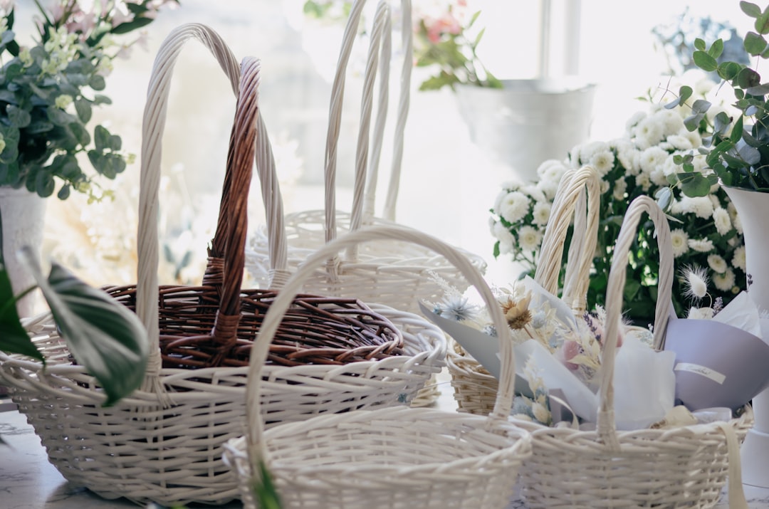 brown woven basket on white table