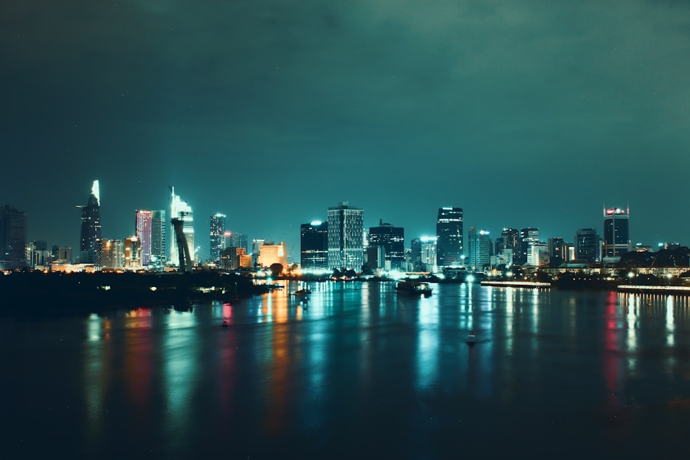 city skyline during night time