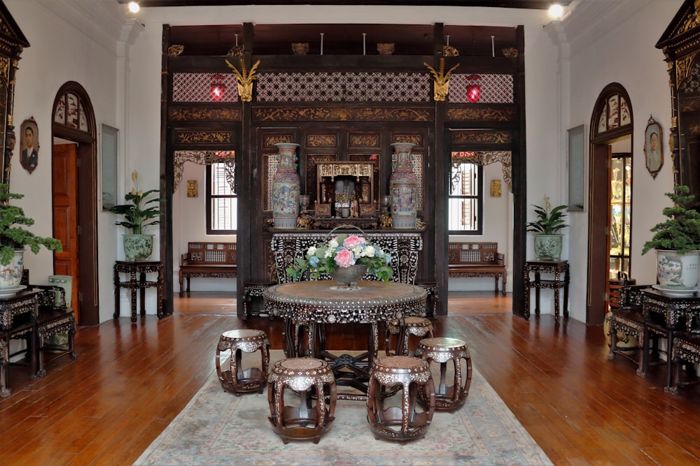 brown wooden table with chairs