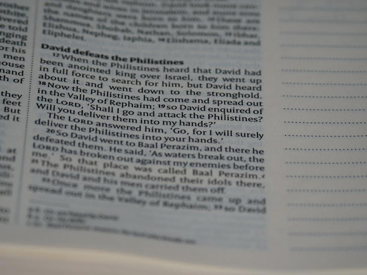 A close-up view of a page from a book, likely a religious text or Bible, displaying text about David defeating the Philistines. The margins on the right side are visible with dotted lines.