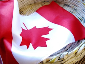 A Canadian flag with a red maple leaf in the center is draped inside a woven basket made from recycled newspaper. The flag's bright red and white colors contrast with the earthy tones of the basket.