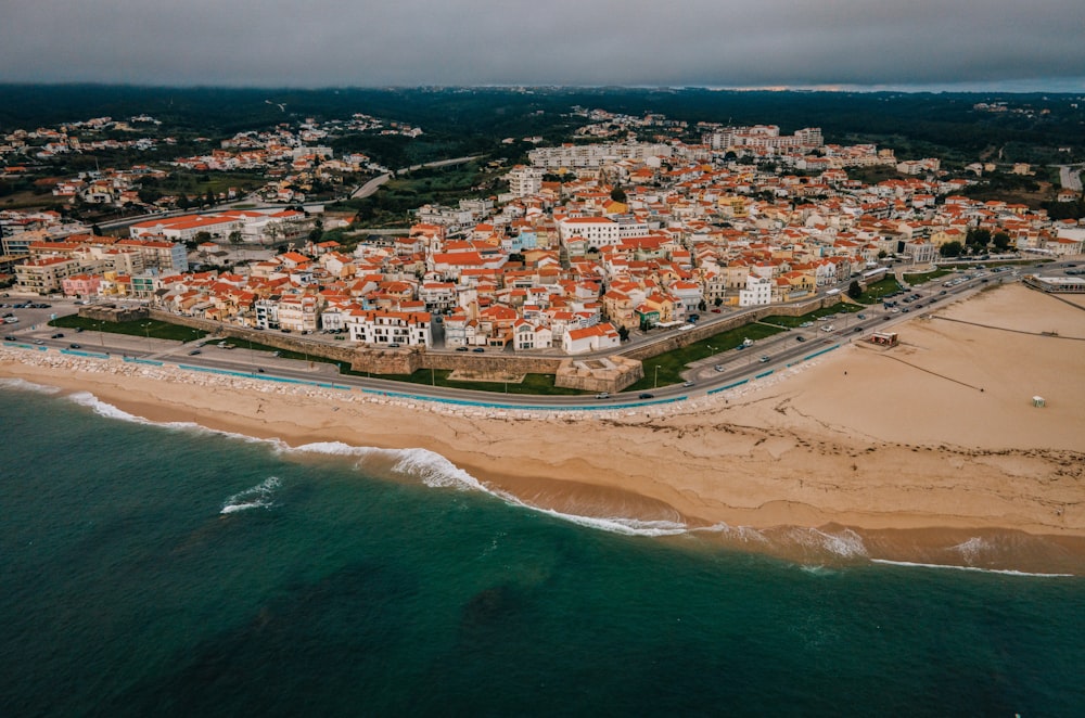 aerial view of city buildings near body of water during daytime