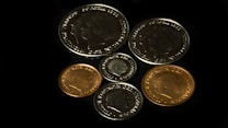 A collection of coins in different sizes and colors is laid out on a dark surface. The coins feature detailed engravings, including profiles and text along the edges. The metallic textures reflect light differently, adding depth to the image.