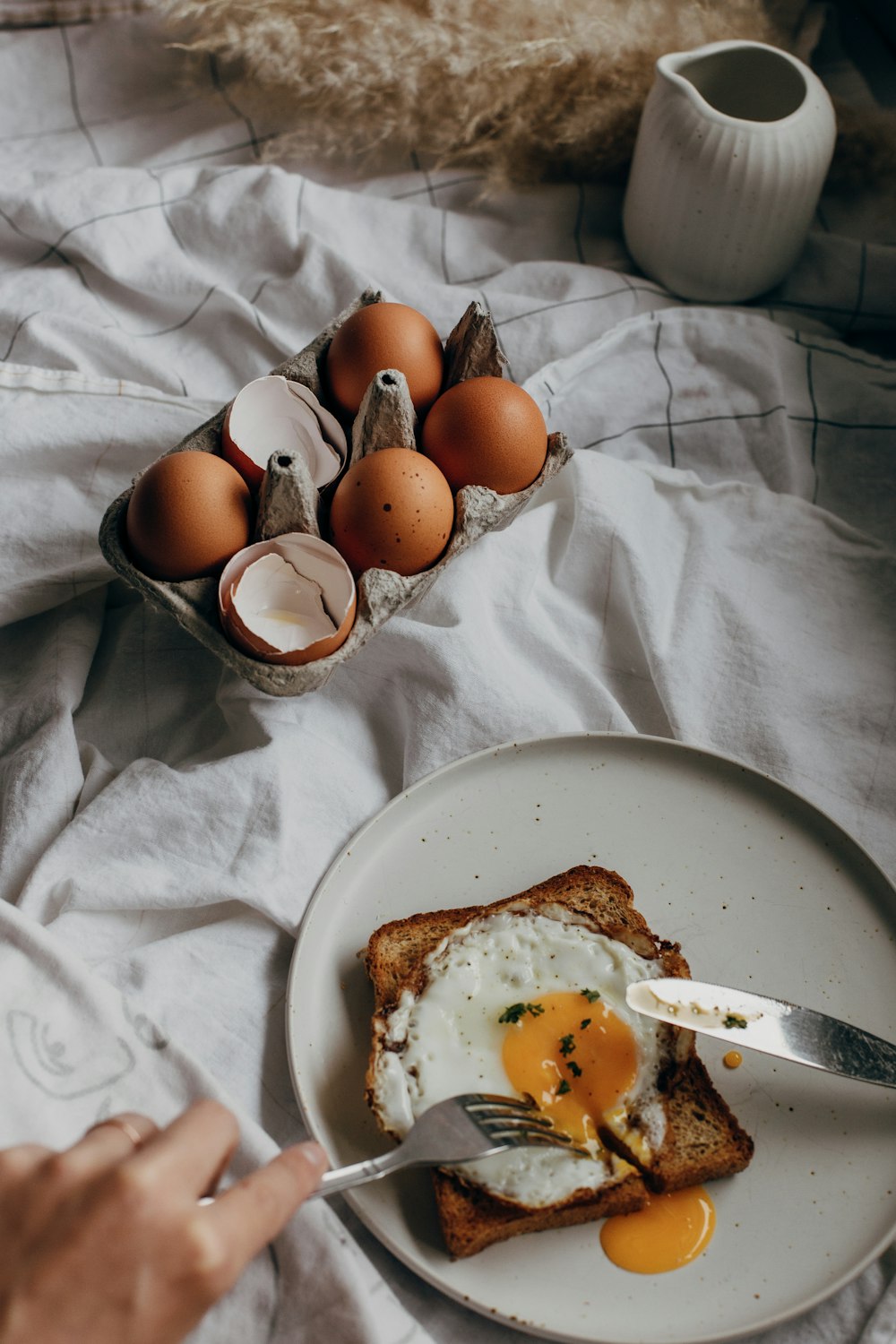 oeufs bruns sur assiette en céramique blanche